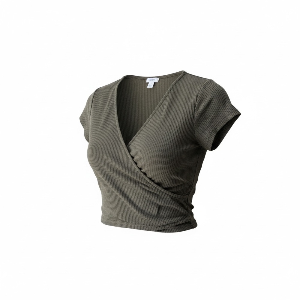 Garage Olive Green Wrap Crop Top Small | Cropped V-Neck
